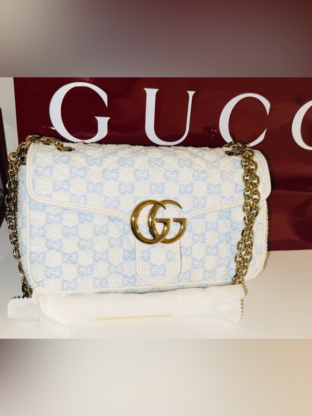 Gucci White and Light Blue GG Marmont Shoulder Bag with Gold Hardware (Medium)